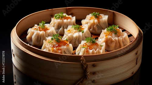 Dim sum on wood basket , Chinese food photo