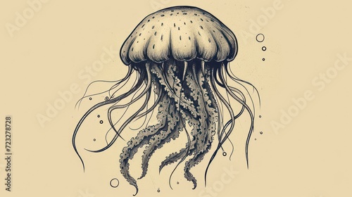  a drawing of a jellyfish in black and white on a beige background, with bubbles of water on the bottom of the head and bottom of the jellyfish's head.