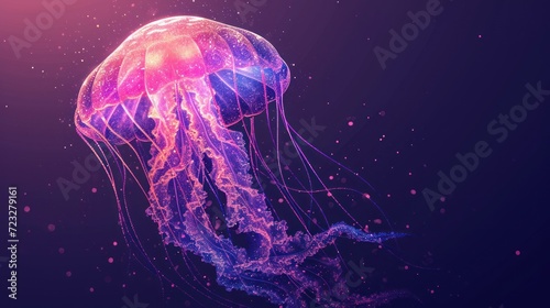  a close up of a jellyfish on a purple background with a blurry image of a jellyfish in the bottom right corner of the frame and bottom half of the image.