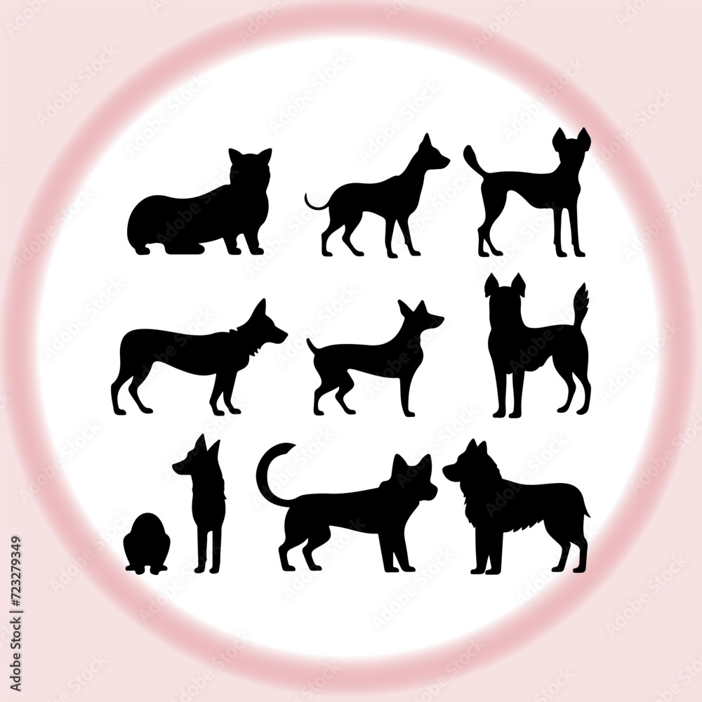 Coco dog black silhouette set. Cute icon of dogs. Dog vector illustration and logo style.
