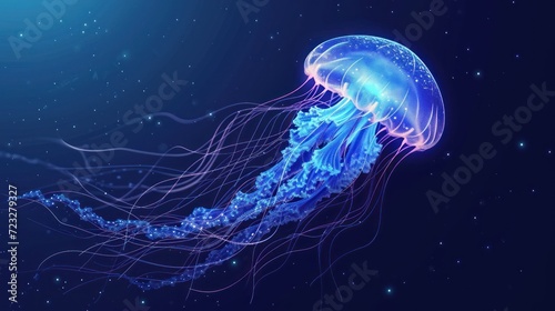  a close up of a jellyfish floating in the air with stars in the sky behind it and a bright blue glow on the bottom of the jellyfish's head.