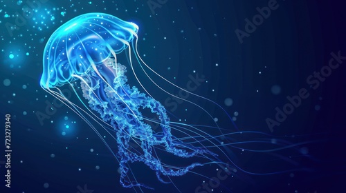  a close up of a jellyfish on a blue background with a blurry image of a jellyfish in the bottom right corner of the frame and bottom half of the image.