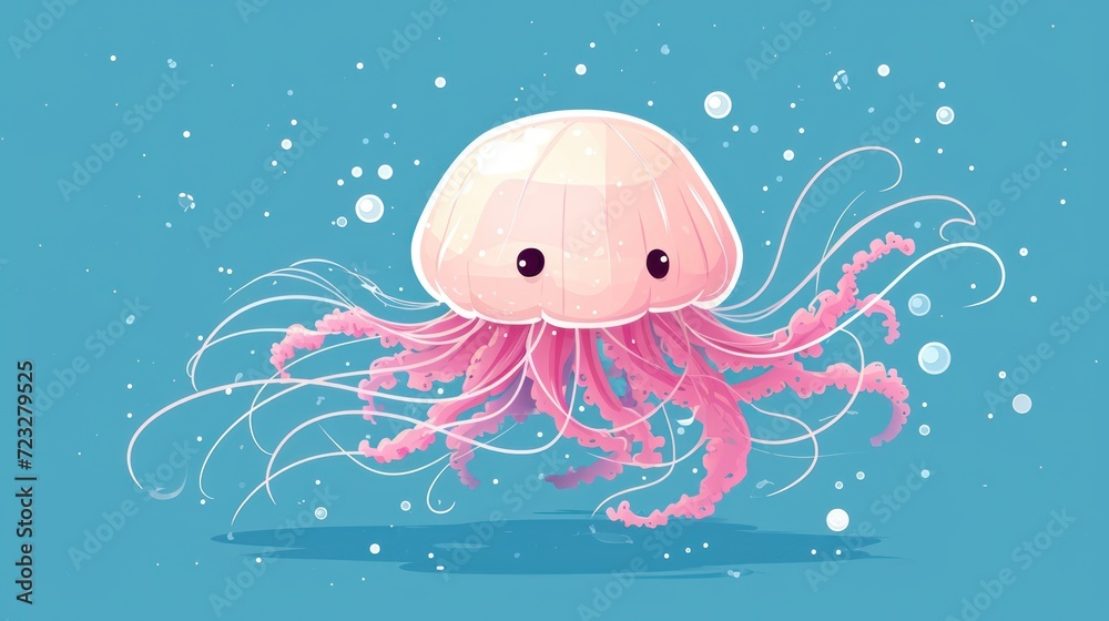 an illustration of a pink jellyfish floating in the water with bubbles on the bottom of it's head and a blue background with bubbles on the bottom of the water. an illustration of a pink jellyfish floating in the water with bubbles on the bottom of it's head and a blue background with bubbles on the bottom of the water.