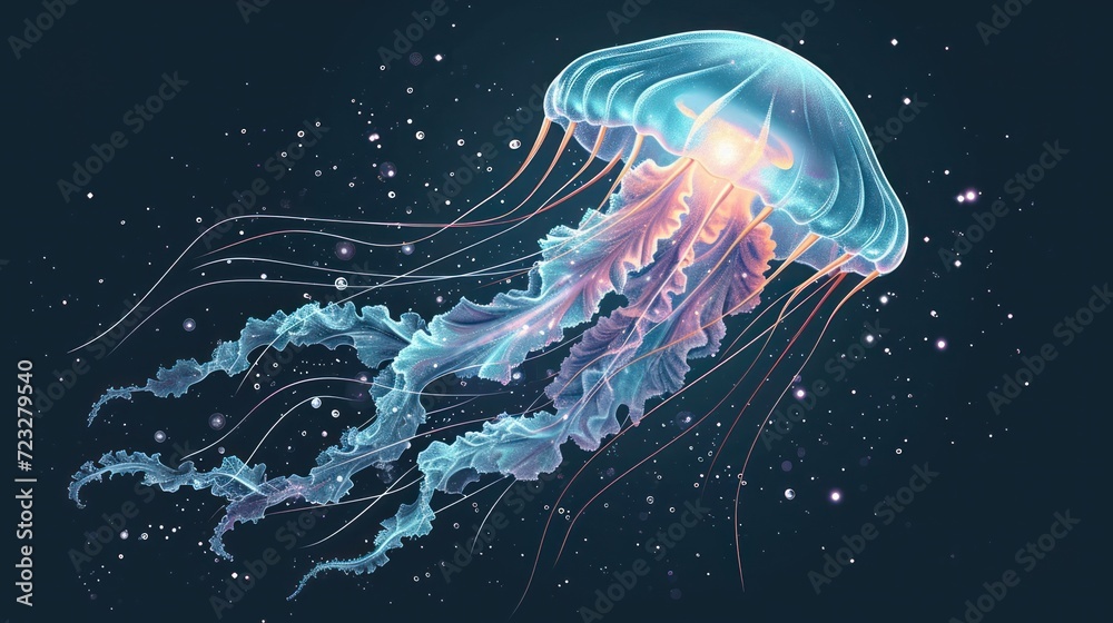 a painting of a jellyfish floating in the air with a star filled sky in the background and stars in the bottom right corner of the image, and bottom half of the jellyfish. a painting of a jellyfish floating in the air with a star filled sky in the background and stars in the bottom right corner of the image, and bottom half of the jellyfish.