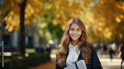 Outdoor image of happy pretty schoolgirl posing while having walk in park after lectures at college, smiling broadly, embracing copybooks © Shabnam
