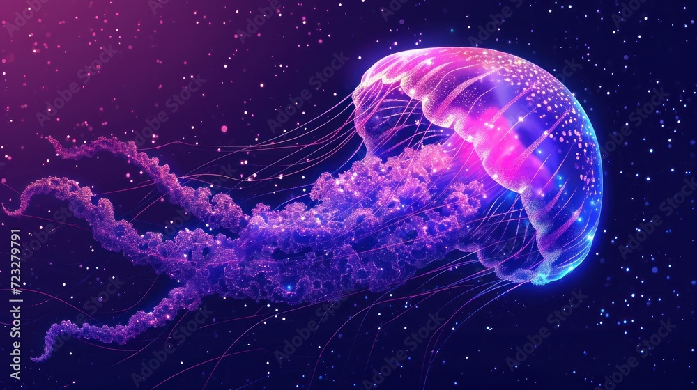  a close up of a jellyfish in a blue, purple, and pink color scheme with stars in the sky in the background and in the center of the image.