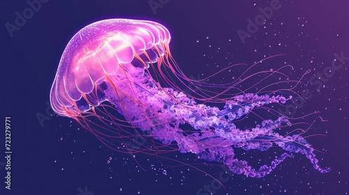  a close up of a jellyfish on a blue and purple background with small dots of light coming out of the top of the jellyfish's back end.