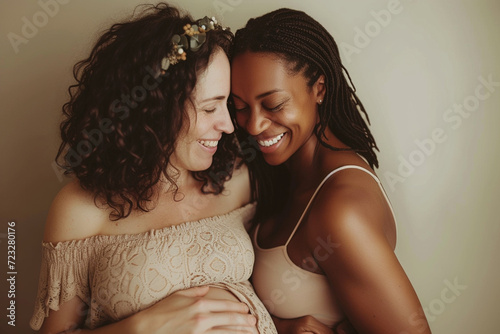 Happy pregnant mothers smiling at their baby bumps in a studio. Joyful expectant women enjoying the anticipation of motherhood while bonding with their unborn babies