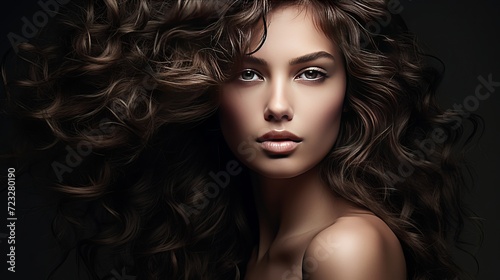 Photo of young woman with beauty long curly hair. fashion model posing at studio.