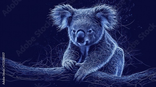  a drawing of a koala sitting on top of a tree branch with its mouth open and it's tongue hanging out of it's mouth to the side. photo