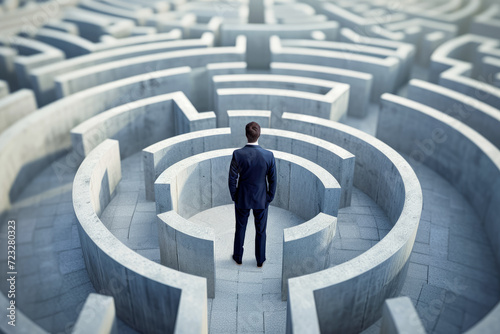 businessman standing at a crossroads in a maze, trying to decide which way to go. photo