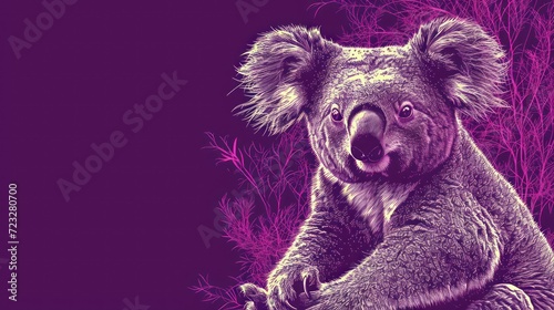  a drawing of a koala sitting on a tree branch with its mouth open and its tongue hanging out, with a purple background and pink hued image of the koala.