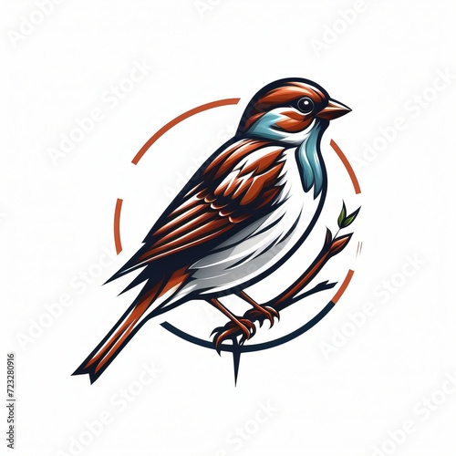 Elegant Bird Logo Illustration Featuring a Detailed and Colorful Sparrow Perched on a Branch, Encircled by Abstract Orange Lines