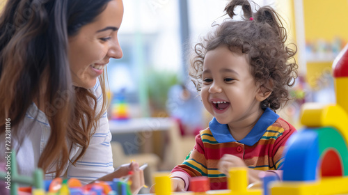 A speech therapist working with a child in a playful engaging environment.