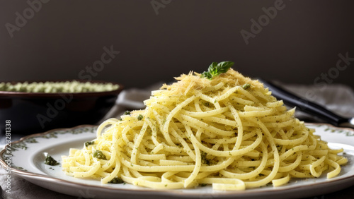 Spaghetti arranged in a mound on a porcelain plate with a sprinkle of grated parmesan cheese. AI generative.