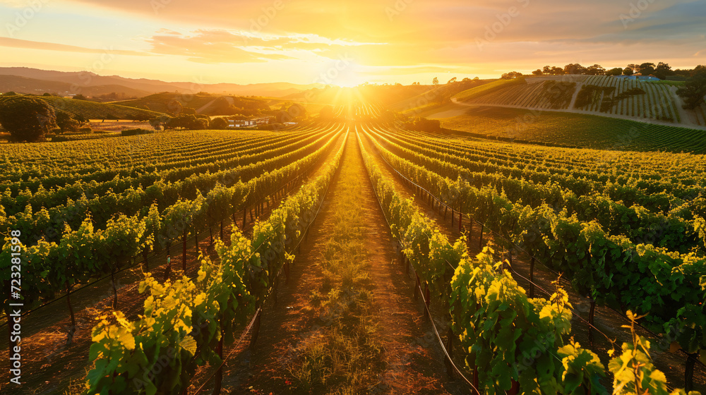 A sprawling vineyard at sunset.