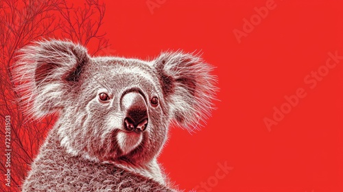  a close up of a koala on a red background with a tree in the foreground and a red background with a black and white koala in the foreground. photo