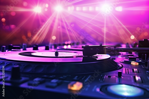 DJ desk, with records on a background of laser beams in pink purple colours, background with space for your text discotheque