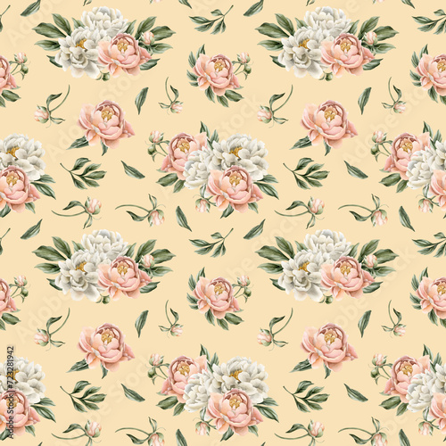 Floral watercolor seamless pattern with white and peach fuzz peony flowers  buds and green leaves on light pink