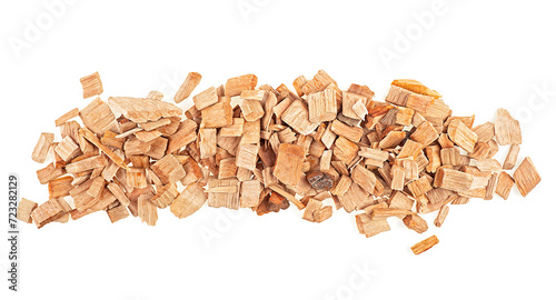 Wooden chips for smoking fish and meat isolated on a white background. Pile of wood chips, view from above.