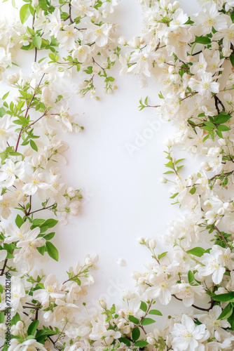 A delicate frame of blossoms envelops a pristine white space © Venka