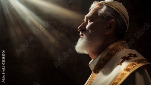 A priest with a grey beard against a dark background of sunlight hitting him.