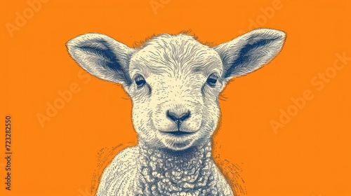  a drawing of a sheep's face on an orange background with a black and white drawing of a sheep's head on an orange background with a black and white border.