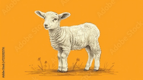  a drawing of a sheep standing in a field of grass on an orange background with grass and weeds in the foreground  and a yellow background with a black and white outline.