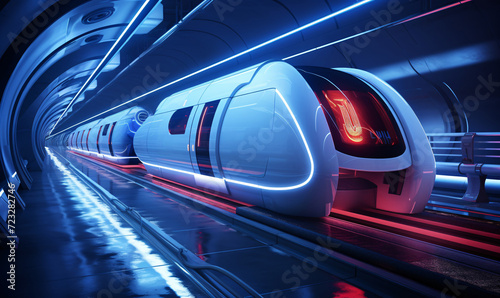 The image shows a futuristic express train moving at high speed through a tunnel. The train is housed in a capsule that floats above the tracks using magnetic levitation. © trompinex
