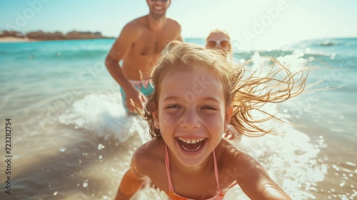 Happy family swimming in the sea with water splashing and laughing, family holiday in the water © Alina Zavhorodnii