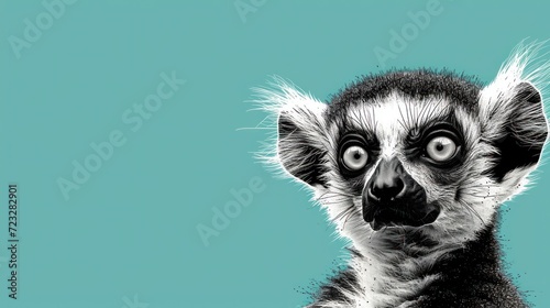  a black and white picture of a baby lemur looking at the camera with a surprised look on its face, on a blue background with a black and white border. © Nadia