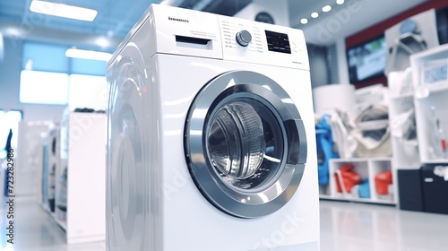 Modern washing machine in the premium home appliances store. Created with Generative AI