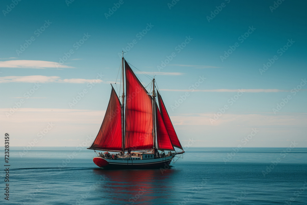 The Perfectly Symmetrical Photo Of A Sailboat With Red Sails, Centrally Framed With Ample White Space