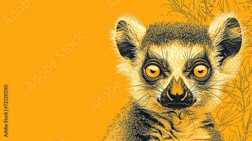  a close up of a small animal on a yellow background with a plant in the foreground and a yellow background with a plant in the middle of the foreground.