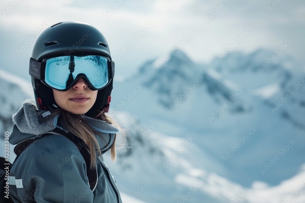 Young Female Snowboarder With Helmet And Goggles Against Snowy Mountain Backdrop Young Female Snowboarder With Helmet And Goggles Against Snowy Mountain Backdrop