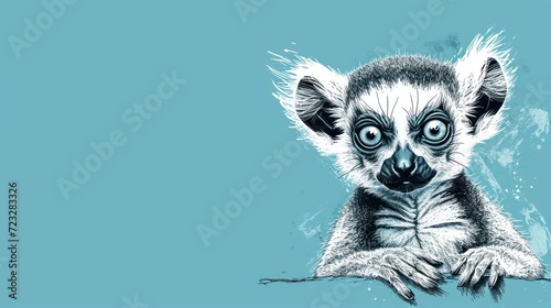  a close up of a monkey on a blue background with a black and white drawing of a monkey on it's back and a blue background with a black and white border.