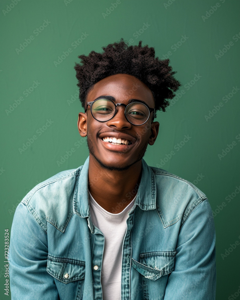 Confident young man with stylish glasses, smiling in casual attire on green background Confident young man with stylish glasses, smiling in casual attire on green background