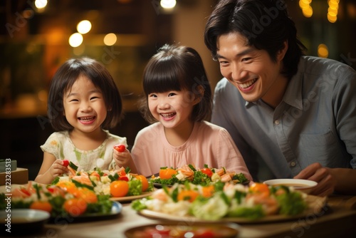 smiling chinese family having dinner. ai generated