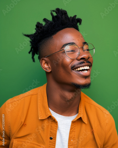 Confident young man with stylish glasses, smiling in casual attire on green background