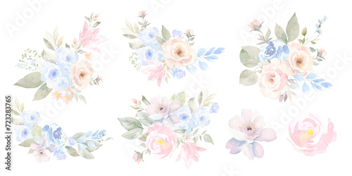Watercolor light pink and blue floral borders, wreaths, bouquets. Dusty, soft blush flowers PNG. spring and summer pastel  floral clipart. wedding stationary, greetings, fashion, background
