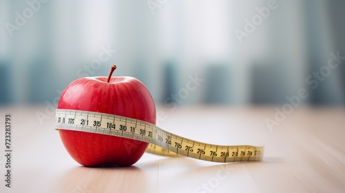 Red apple with measuring tape on white table photo