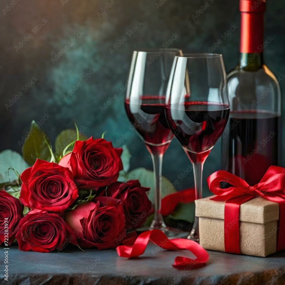 Wine and Roses Delight: Bouquet, Gift Box, Divider, Glasses