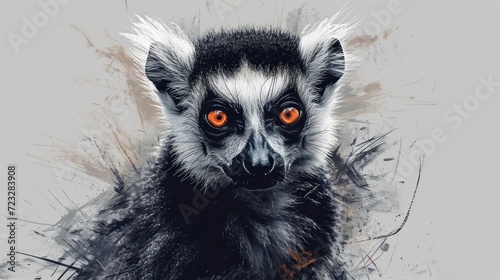  a painting of a black and white monkey with orange eyes and a black and white fur coat, with a gray background, is featured in the foreground of the image.
