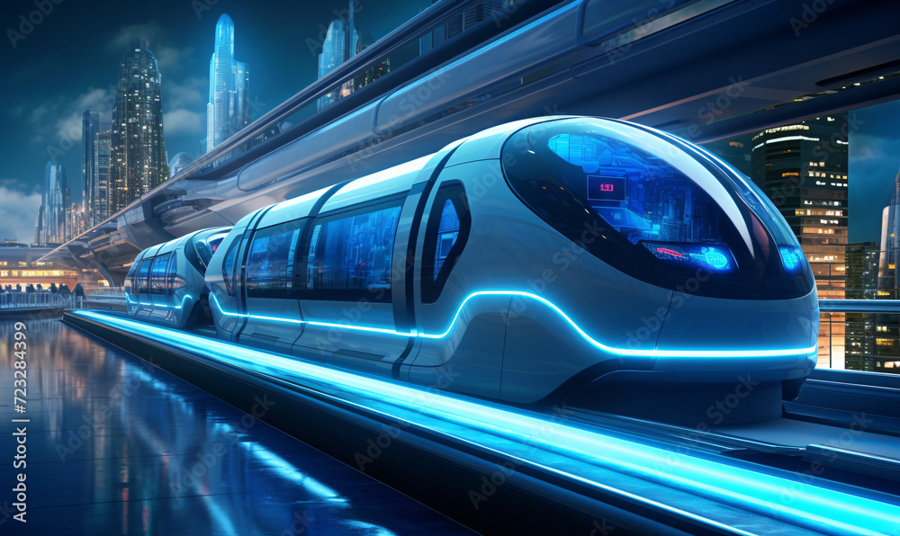 Futuristic city train of the future. Transporting passengers in the center of a modern city.