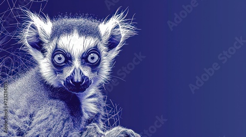  a close up of a monkey on a blue background with a blurry image of it's face and a blurry background behind it is a blurry image of leaves. © Nadia