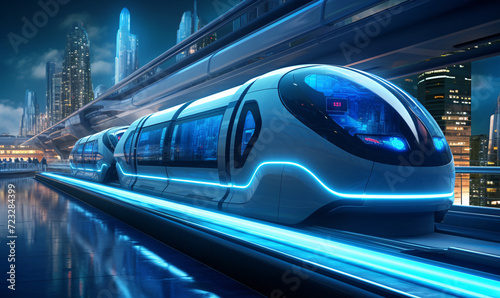 Futuristic city train of the future. Transporting passengers in the center of a modern city. © trompinex