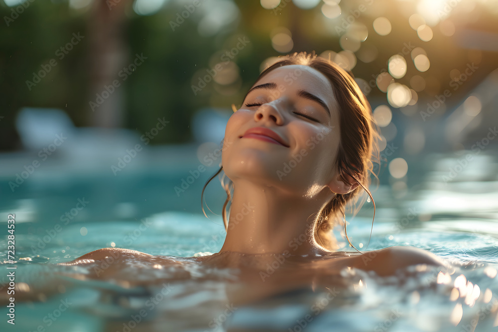 Serenity Oasis: Young Woman Basks in Outdoor Spa Pool Beauty