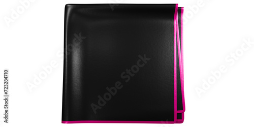 Black silk pocket square with thin pink boarder folded into a square, isolated on a transparent background. 