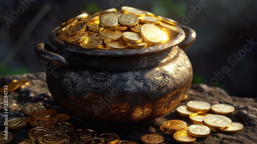 Pot of Gold Coins Resting on Top of Rocky Surface