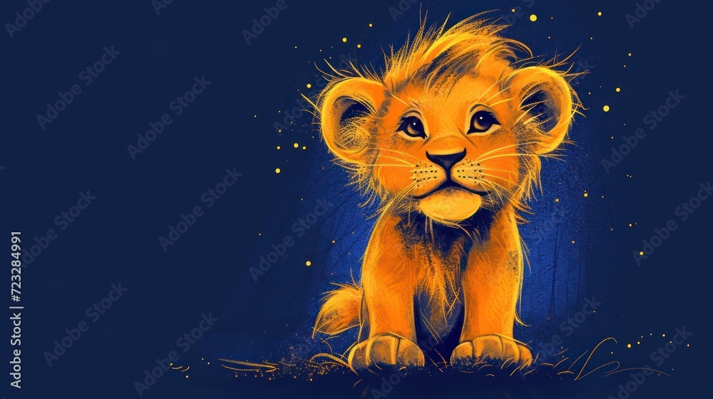  a drawing of a lion cub sitting in the grass with stars in the sky in the background and a blue sky with yellow stars in the middle of the picture.